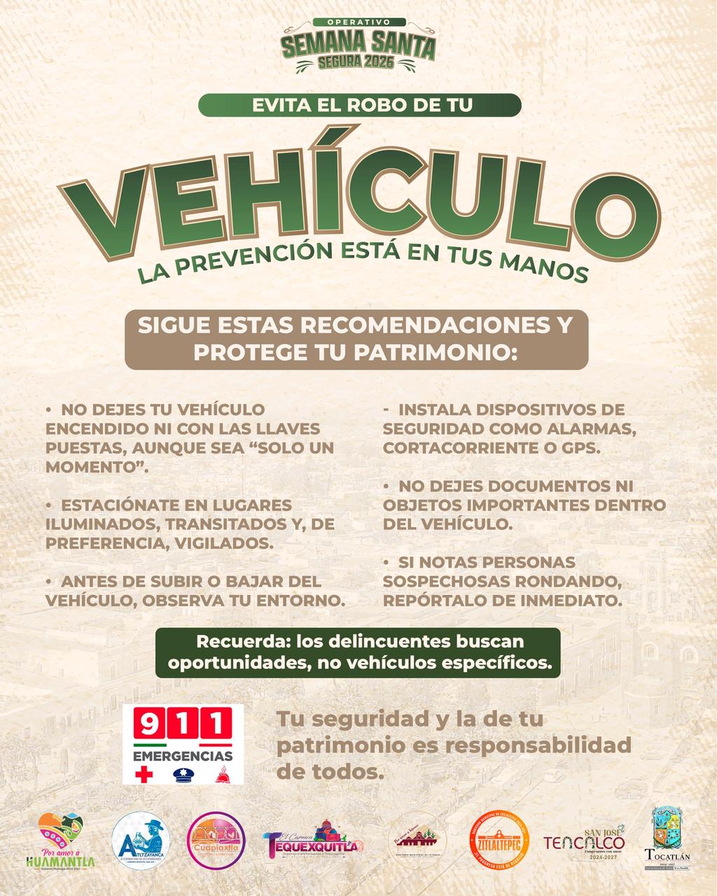 Autoridades emiten recomendaciones para prevenir el robo de vehículos durante Semana Santa Segura 2026